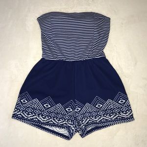 Blue and white strapless romper